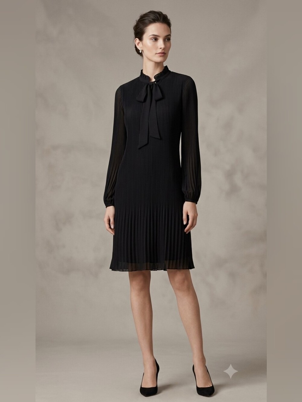 DKNY Black Pleated Tie-Neck Long Sleeve Dress